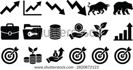 A premium glyph icon collection illustrating investment growth, stock market trends, financial planning, wealth management, business strategy, profit targets, savings, portfolio growth, and market performance. Perfect for fintech apps, investment platforms, stock trading dashboards, business analytics, banking software, presentations, and financial UI design.