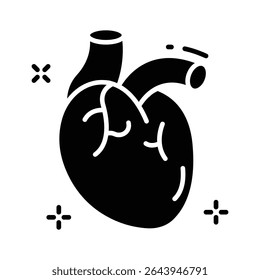 A premium glyph icon featuring human heart organ