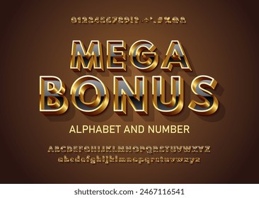 Premium gold alphabet with a thin gold outline and a glossy black center in depth. Chic golden glossy 3D font with signs, symbols and numbers. Mega Bonus