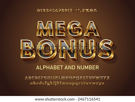 Premium gold alphabet with a thin gold outline and a glossy black center in depth. Chic golden glossy 3D font with signs, symbols and numbers. Mega Bonus