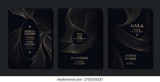 Premium gold background card design, elegant wave lines, abstract patterns, VIP aesthetic, luxury gala invitations. Modern vector template, dark geometric frame for events, invitations