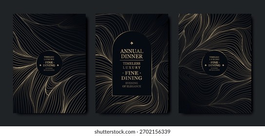 Diseño de tarjeta de fondo de oro de Premium, líneas de onda elegantes, patrones abstractos, estética VIP, invitaciones de gala de lujo. Plantilla de Vector moderna, marco geométrico oscuro para eventos, invitaciones