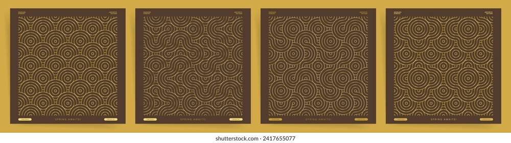 Premium gold background. Golden ornaments wave seamless pattern set. Abstract line pattern cover design.	