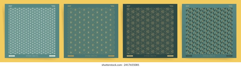 Premium gold background texture. Golden retro ornaments on luxury green colors seamless pattern set. Abstract art deco pattern cover design.	