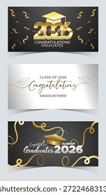 Premium Gold und schwarz Klasse 2026 Graduiertenbanner mit schwimmenden Bändern und einem Luxus-Layout