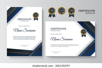 Premium gold and blue certificate of appreciation template, clean modern design with gold badge. Modern certificate vector template