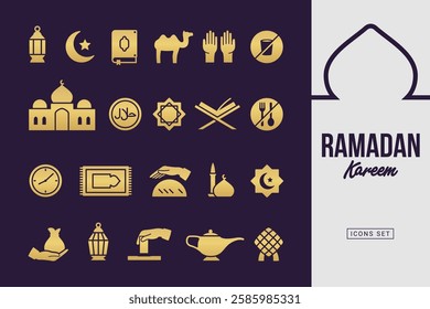 Premium gold colors Ramadan Kareem Icons set. Flat vector icon sign symbol illustration