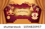 Premium Gold Curtains stage with Circus Frame Border, Cloud and Hanging Carnival Mask, Happy Clown, Party hat, Pinwheel, ball, Fun Fair, Day Scene festival,Theme Theater, Paper art vector illustration