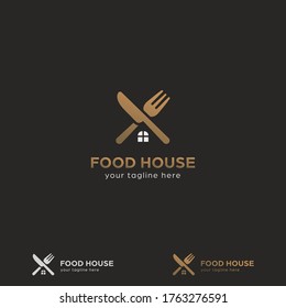 Premium gold food house home catering restaurant bistro logo with crossed knife and fork with home window icon symbol shape