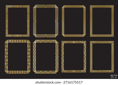Los marcos geométricos de oro de Premium están aislados sobre fondo negro. Fronteras doradas de lujo para invitaciones, Plantillas de lujo y patrones decorativos. Ilustración vectorial 3D.