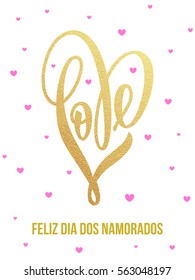 Premium gold heart Valentine love Portuguese lettering text on vector golden sequins pattern for luxury white card.