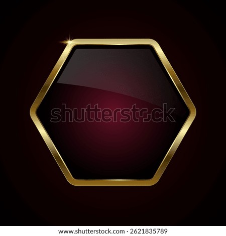 The premium gold hexagon button used for web UX, UI vector design. A Luxury Hexagon shape with gold stoked on dark red background