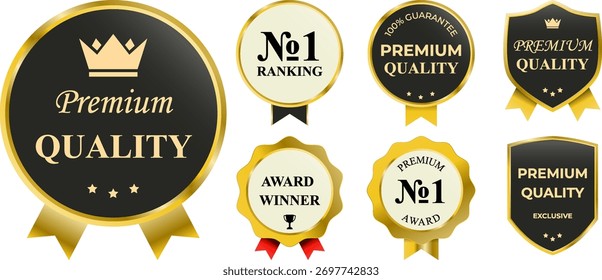 Insignias de la etiqueta de oro de Premium con cintas elegantes, sellos redondos, iconos de la corona y reflejos metálicos brillantes. Conjunto de Vector de alta calidad para certificados de lujo, pegatinas de premios, membresía VIP y exc