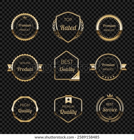 Premium gold label set with shiny metallic effect. Elegant vector badges for awards and certification. High quality decorative seals and emblems for luxury products
