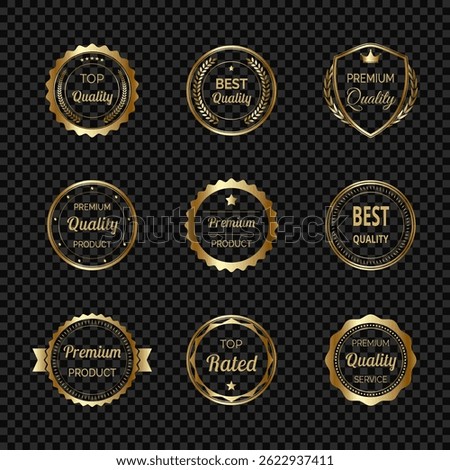 Premium gold label set with shiny metallic frame. Elegant vector badges for awards and certification. High quality decorative seals and emblems for luxury products