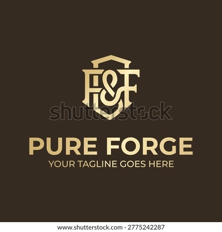 Premium gold monogram logo for Pure Forge featuring interlocking letters F and an ampersand inside a shield. Elegant vector branding for artisan workshops, luxury jewelry, and traditional craftsmanship businesses.