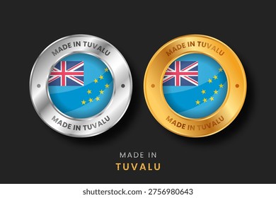 Premium gold and silver labels with the Tuvalu flag. Official Made in Tuvalu certification emblems for Polynesian manufacturing, exports, and local product quality.