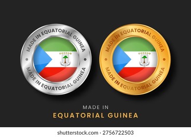 Premium gold and silver metallic seals with the Equatorial Guinea flag. High quality Made in Equatorial Guinea emblems for product packaging, export branding, and manufacturing origin.