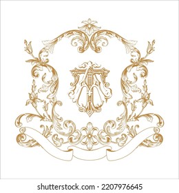 Premium Gold vintage baroque frame scroll ornament engraving crest floral retro pattern antique style acanthus foliage swirl decorative design element filigree calligraphy