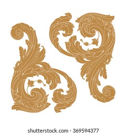 Premium Gold vintage baroque frame scroll ornament engraving border floral retro pattern antique style acanthus foliage swirl decorative design element filigree calligraphy
