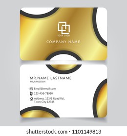Premium Gold, White and Black name card and business card with creative design, dimension in depth and drop shadow horizontal curve corner standard size vector illustration template
