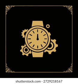 Premium Gold Wristwatch and Gears Vector Icon. Elegant Symbol for Time Management, Precision and Business Efficiency