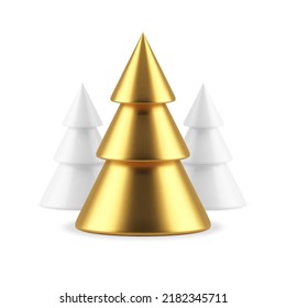 Premium golden Christmas tree white glossy spruce festive December forest New Year eve composition realistic 3d icon vector illustration. Luxury Xmas holiday traditional winter decor