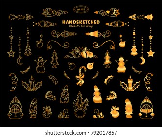 Premium and golden collection of Christmas and Winter elements for design. Calligraphic, hand drawn arrows, dividers, signs and symbols with tiny kawaii details. Funny snowmen, Christmas toys