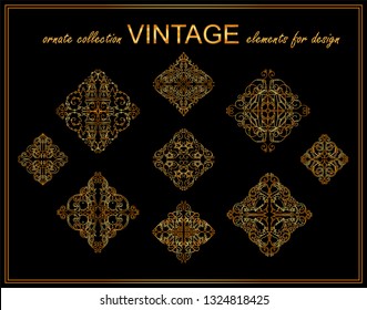 Premium golden collection of vector elements for design. Ornate stars, suitable for pattern making, emblems, ornate symbols. Each rhombus consist from little arts with Christmas theme 