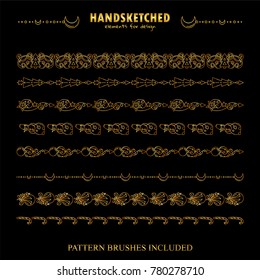 Premium golden dividers, and pattern brushes. Arrows with waves and stars, fir trees, snowmen, moon, candy cane and Christmas toys. Brushes included
