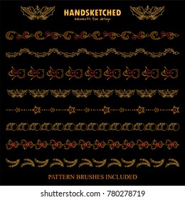Premium golden dividers, and pattern brushes. Arrows, poinsettia leaves, snowman, stars, Christmas toys, fir branches. Brushes included