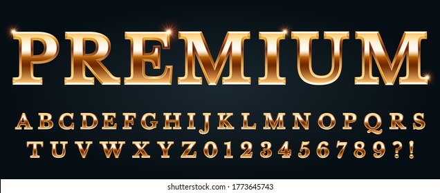 Premium golden font. Luxury alphabet, numbers and punctuation marks. Metal gold chic and glossy typography with glowing effect. Latin letters isolated on black background vector illustration