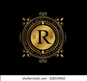 Premium golden frame. Elegant logo. Royal flourishes calligraphic. Luxury ornament lines. Vector. R monogram.