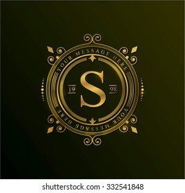 Premium golden frame. Elegant logo. Royal flourishes calligraphic. Luxury ornament lines. Vector. S monogram.