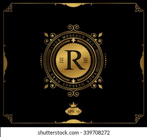 Premium golden frame. Elegant logo. Royal flourishes calligraphic. Luxury ornament lines. Vector. R monogram.