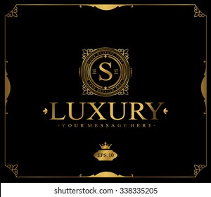 Premium golden frame. Royal flourishes calligraphic. Luxury ornament lines. Vector. S monogram. Elegant logo in frame.