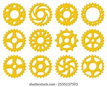 Premium Golden Gear Vector Illustration in a Flat Design Style, Featuring a Sleek Metallic Look on a Crisp White Background, Perfect for Technology, Engineering, and Industrial-Themed Creative Project