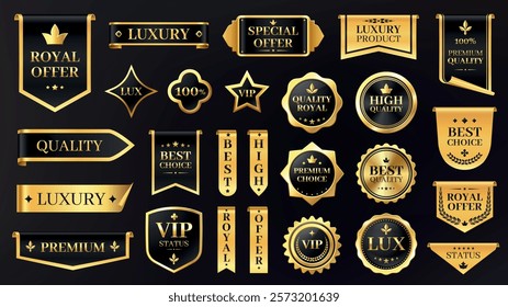 Premium golden label. Luxury quality badges and sale stickers for product packaging, exclusive shiny gold ribbon and stamp icons. Vector glossy certificate seal collection.