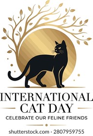 Premium Golden Line Art Tree and Black Cat Design for International Cat Day