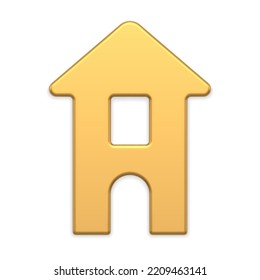 Premium golden metallic house bauble with triangle roof window and entrance Christmas decor front view vector illustration. Expensive glossy hut Xmas slim bauble minimalist design 3d template