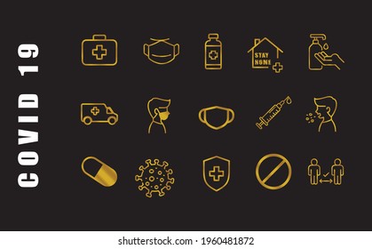 Premium golden metallic Set of Coronavirus Protection Related Vector Line Icons. Contains such Icons as Coronavirus Symptoms, Protective Measures, Incubation Period and more. Editable Icon Set.