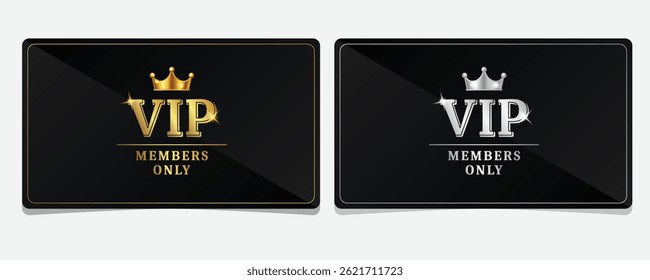 Premium Golden and Platinum VIP Membership Cards with 3D Crown and black background – Exclusive Members Only Invitation Access Pass Vector Template