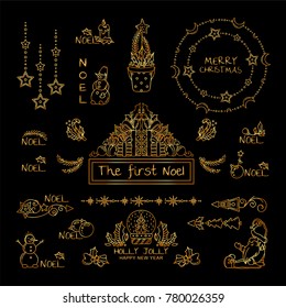 Premium golden set of labels, signs, tags for price tag, inscription, lettering, caption for season greetings, Merry Christmas and The First Noel.  Perfect for colored background