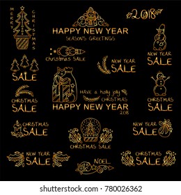 Premium golden set of labels, signs, tags for sales or retail price tag, inscription, lettering, caption for Christmas sale, happy New Year sale, season greetings.  Perfect for colored background 