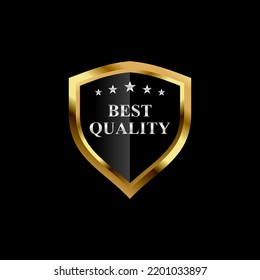 A premium golden shield logo badge featuring a metallic gold finish and classic ribbon details. Perfect for showcasing best quality assurance on luxury products, official certifications, awards