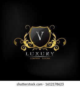 Premium Golden Shield V Letter Luxury Logo Icon  Vector Design.