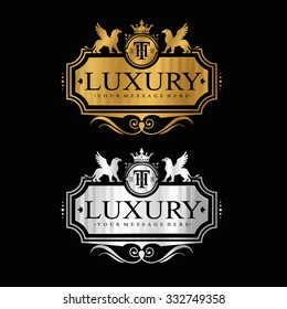 Premium golden and silver frame. Elegant logo. Royal flourishes calligraphic. Luxury ornament lines. Vector