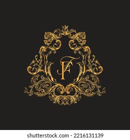 Premium golden vintage baroque style ff crest logo. crest for wedding. Royal crest for marriage. wedding crest monogram logo.