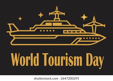 Premium gold-foil vector featuring a luxury cruise ship, private jet, and 5-star resort icons. Sleek thin-line illustration on white background, perfect for elite travel and hospitality themes.