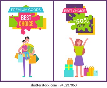 Premium goods and best choice -50% off, banners set representing man with kid and bags and happy lady with presents vector illustration